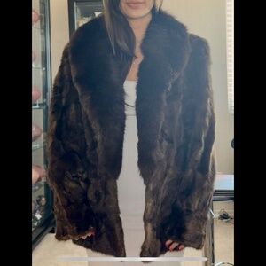 Vintage Dark Chocolate Brown Genuine Real Mink & Fox Fur Coat Small Oversized